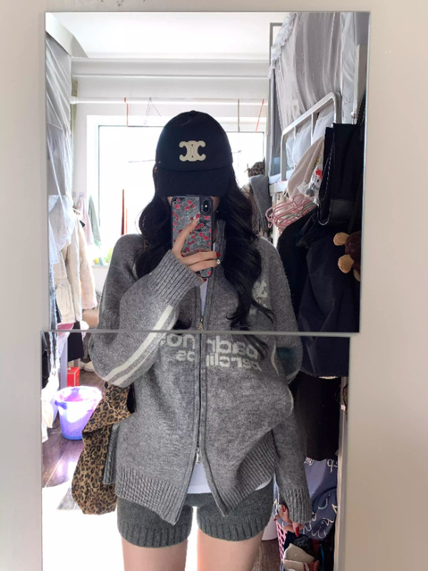 棒球风翻领拉链毛衣开衫女外套秋装新款韩版宽松针织衫|undefined
