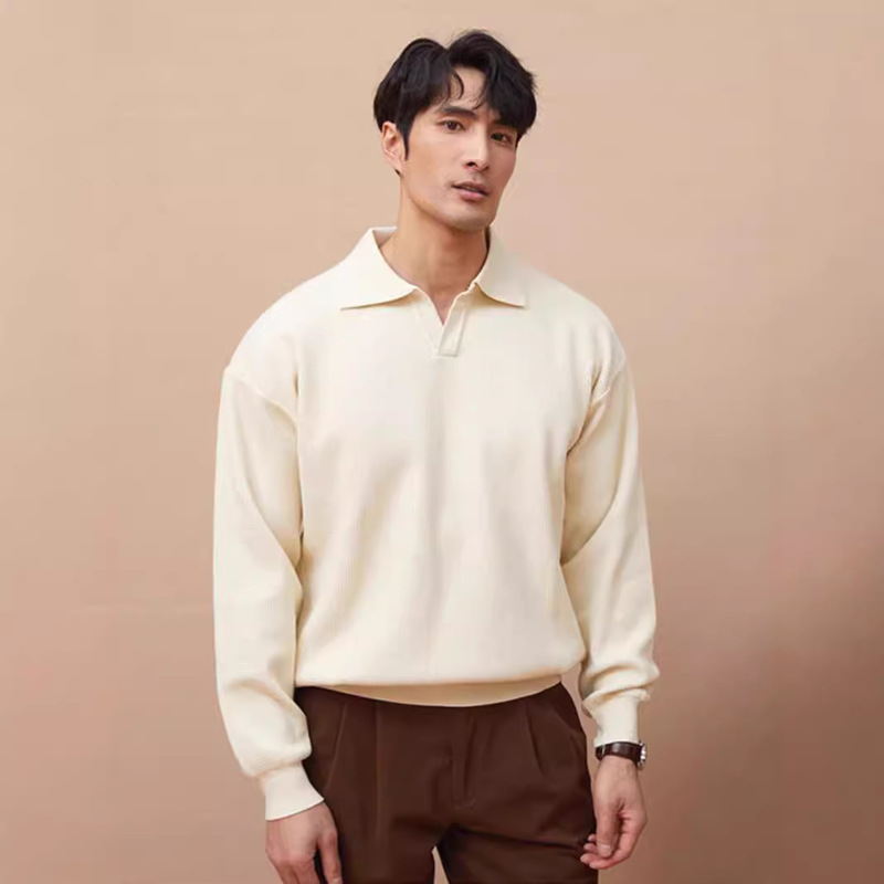 European V-Neck Knitted Polo Shirt Men's Tough Guy Slim-Fit Long-Sleeved Sweater American-Style Waffles Pit Striped Wool Sweater