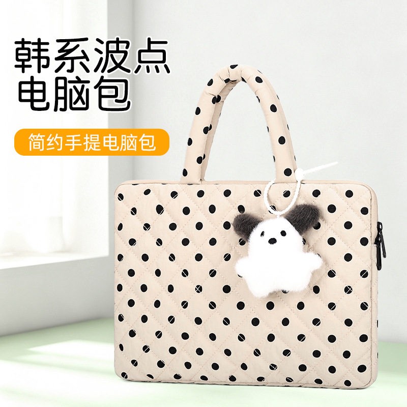 Korean-style polka dot quilted laptop bag with cute puppy pendant 14/ 15.6inch inch notebook commuter sleeve bag