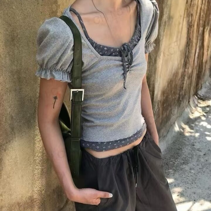 纯欲风假两件短袖T恤女夏季新款显瘦系带设计感小众蝴蝶结波点上