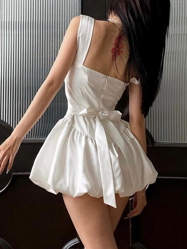 欧美纯欲少女蝴蝶结绑带白色花苞裙跨境V领收腰显胸型缎面连衣裙|undefined