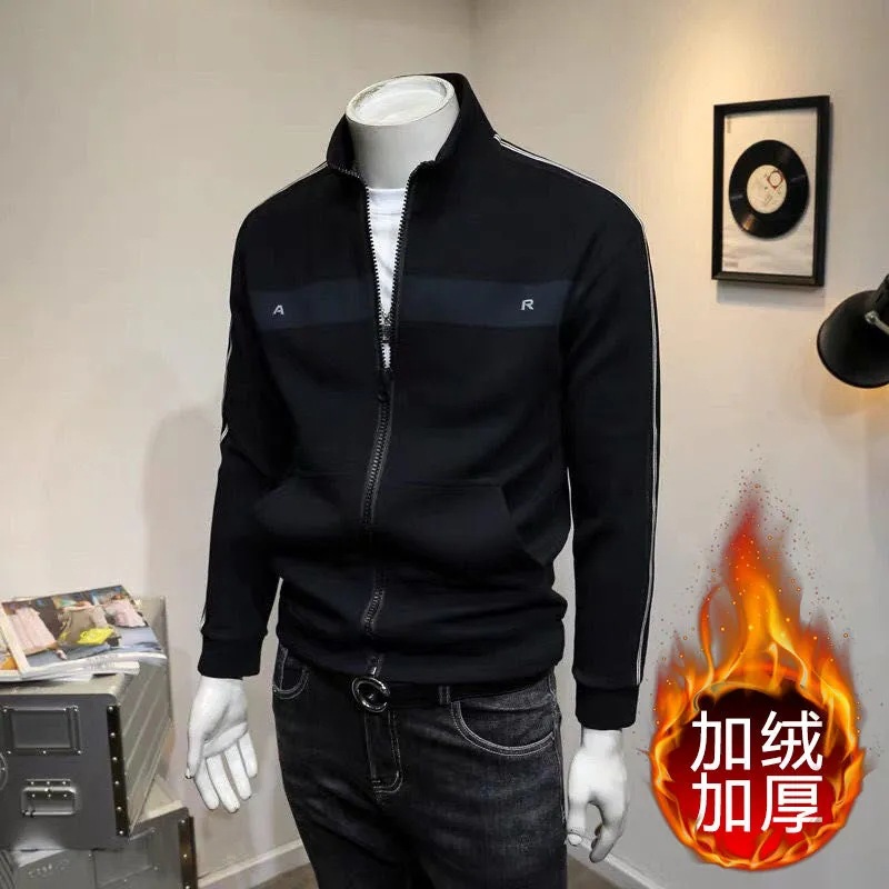 Del collar soporte suéter de los hombres cardigan cremallera lado rayas bordado deportes casual capa Corea moda primavera y otoño invierno