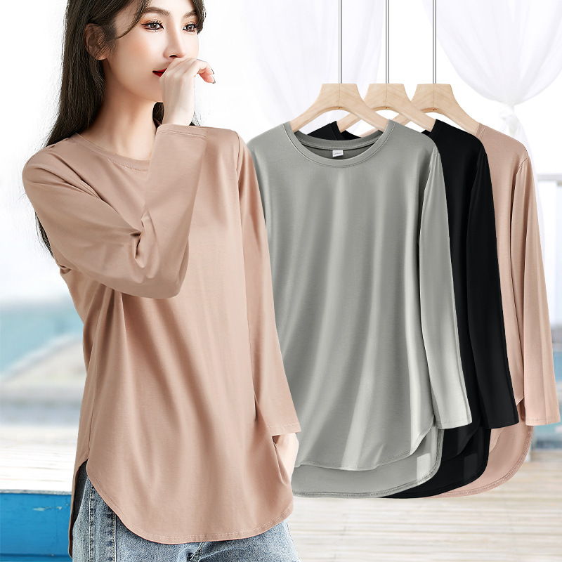 Spring and Autumn Outer Wear Thin Front Short Back Long Round Curved Bottom Side Split Loose Long Sleeve T-shirt Base Shirt for Women
