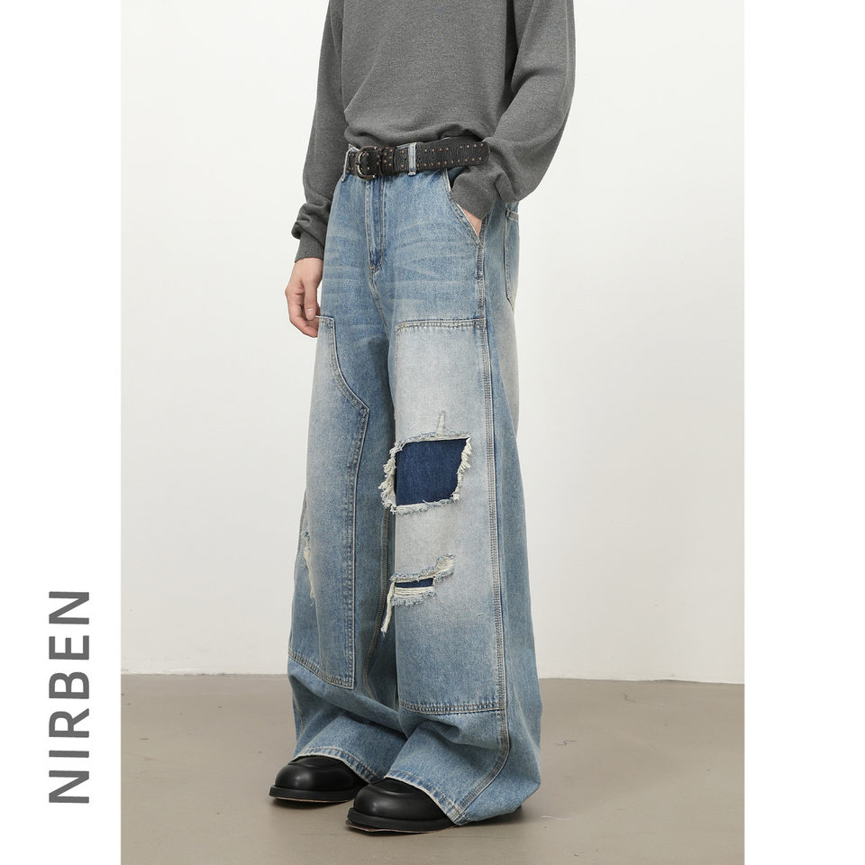 Quần jeans nam dáng rộng ống đứng phong cách Mỹ, wash xước rách phối vải — màu xanh