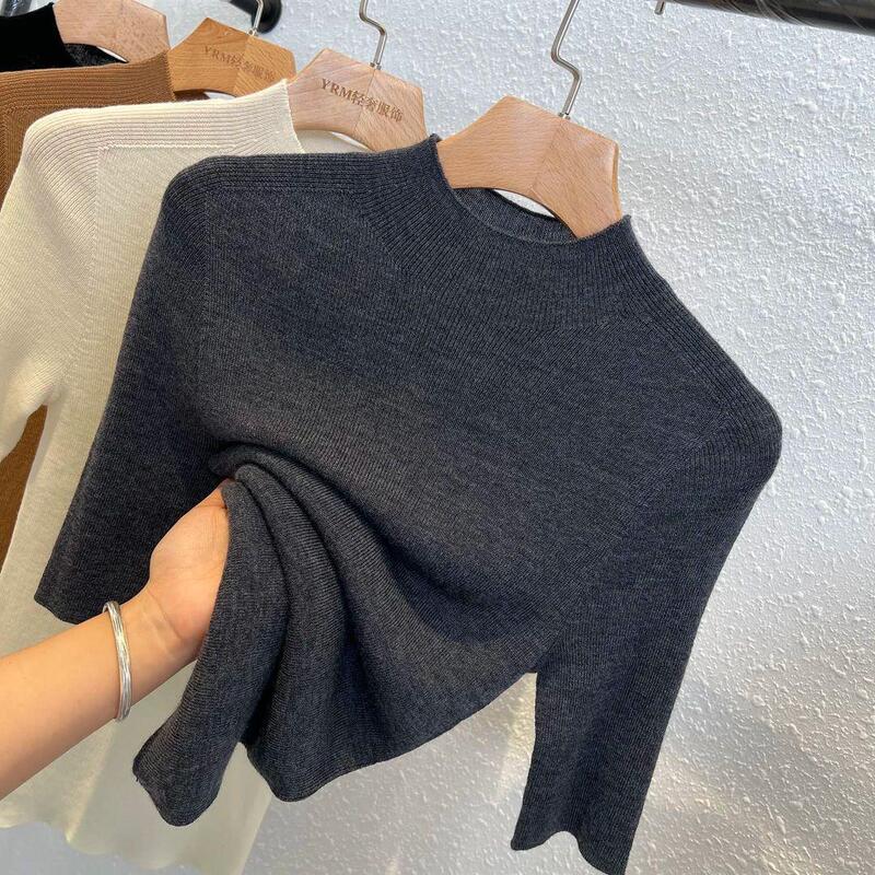 Spring and Autumn New Style Half-Sleeve Half-High Collar Knit Sweater for Women, Slim Fit, Mid-Sleeve Base Shirt, Stylish and Versatile 25