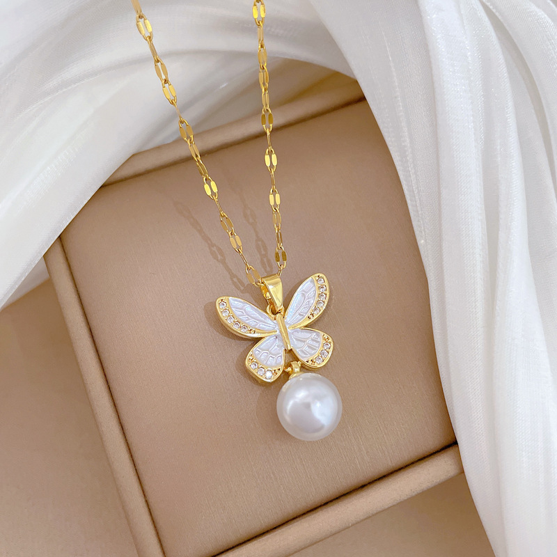 Gorgeous Butterfly Pearl Necklace Set Titanium Steel Clavicle Chain_voghion.com