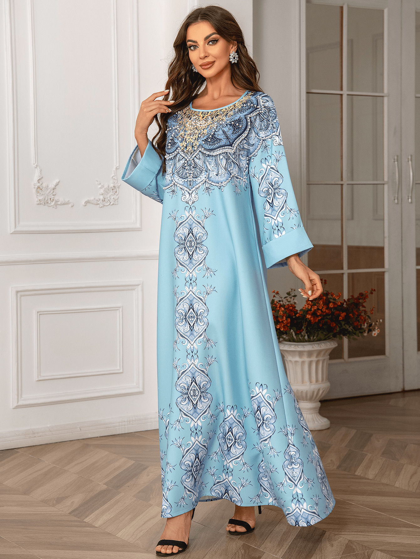 ZD024 Middle Eastern And European Cross-border Foreign Trade Muslim Printed Robe Abaya Beaded Round-neck Dress Gown_ecoleips.com