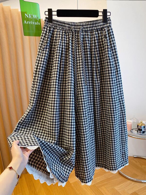 特大サイズ 120kg 夏チェック柄カジュアルパンツルーズビッグレッグワイドレッグパンツレディースルーズ 9 点パンツとスカート|undefined