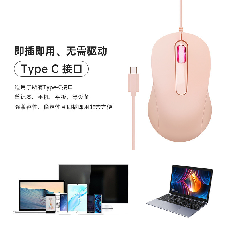 Spot Type C Interface Silent Wired Mouse Suitable for Thunderbolt Girls Laptops and Tablets