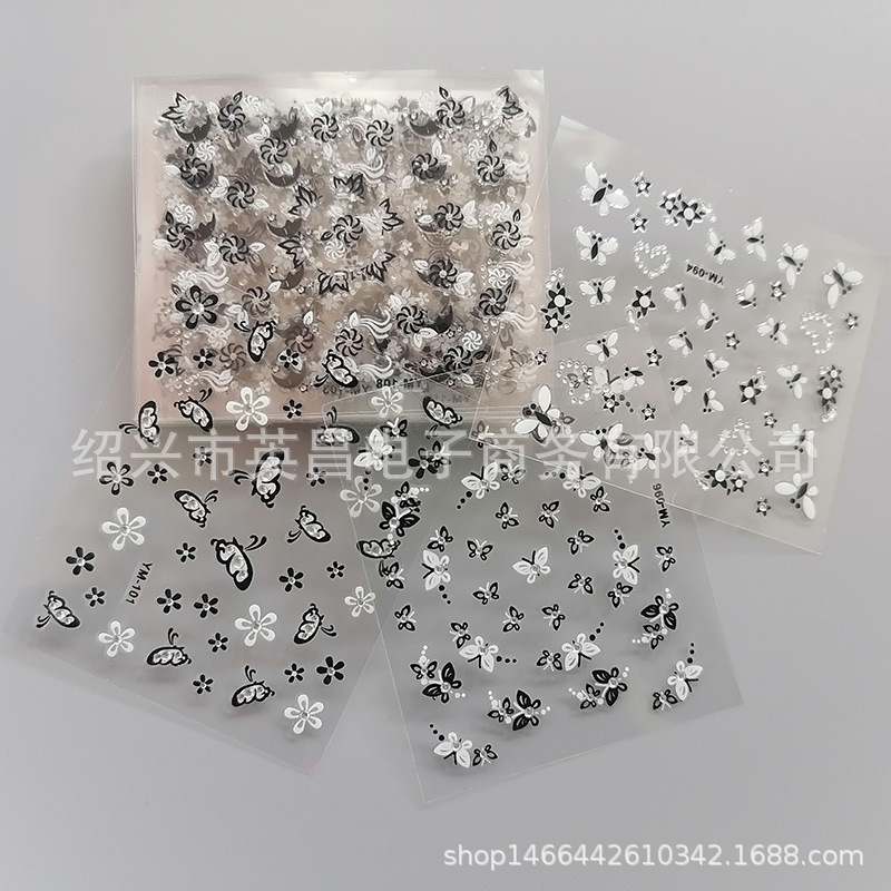 3D nail stickers black and white small flower nail decals cartoon butterfly nail stickers nail jewelry