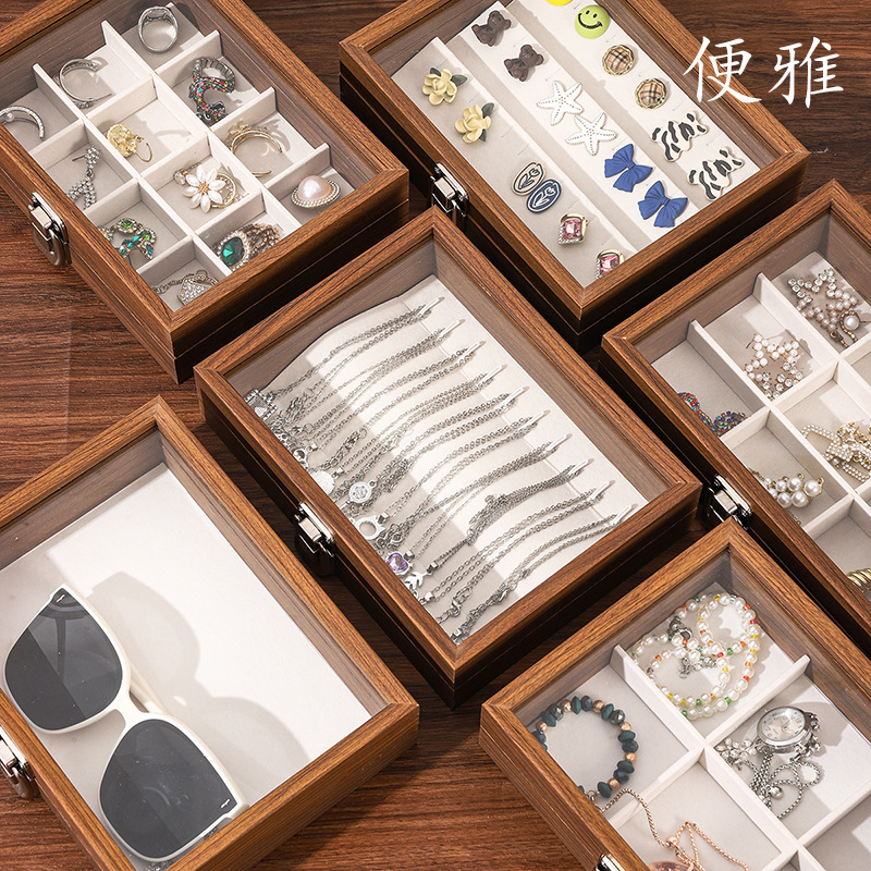 Spot Wholesale Walnut Color Small Jewelry Box with Lid Necklace Ring Jewelry Storage Box Earrings Earrings Jewelry Box