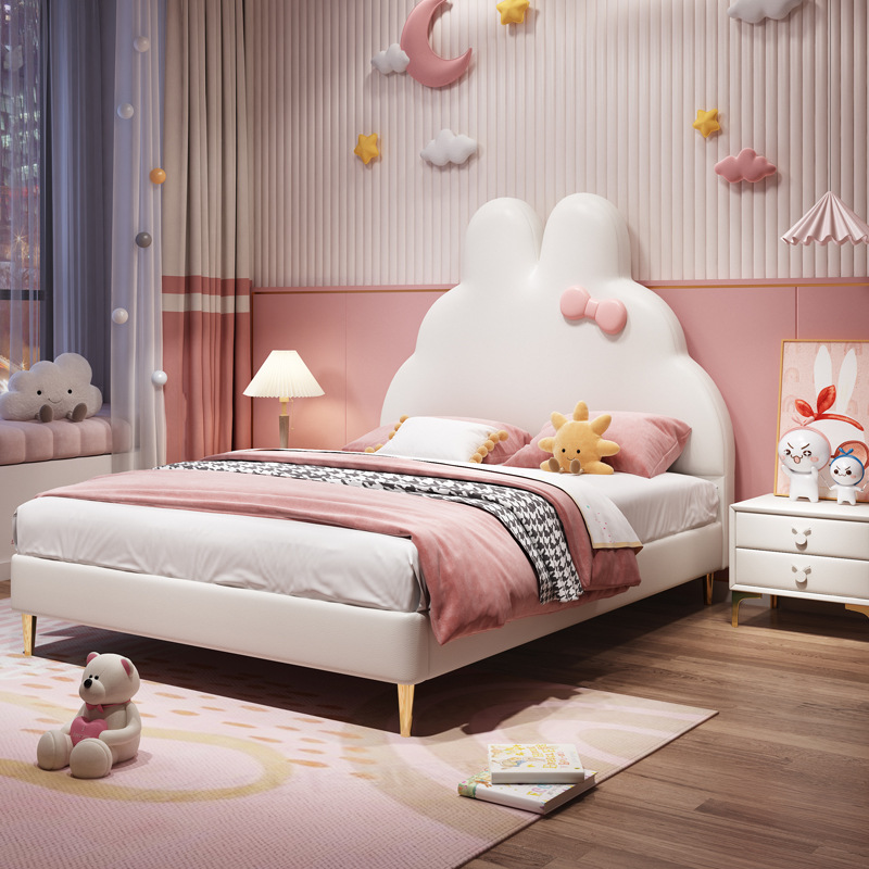 Children's Bed Girl Princess Bed Cartoon Ins Popular Rabbit Bed Pink Girl Single Solid Wood Bed Modern Simple