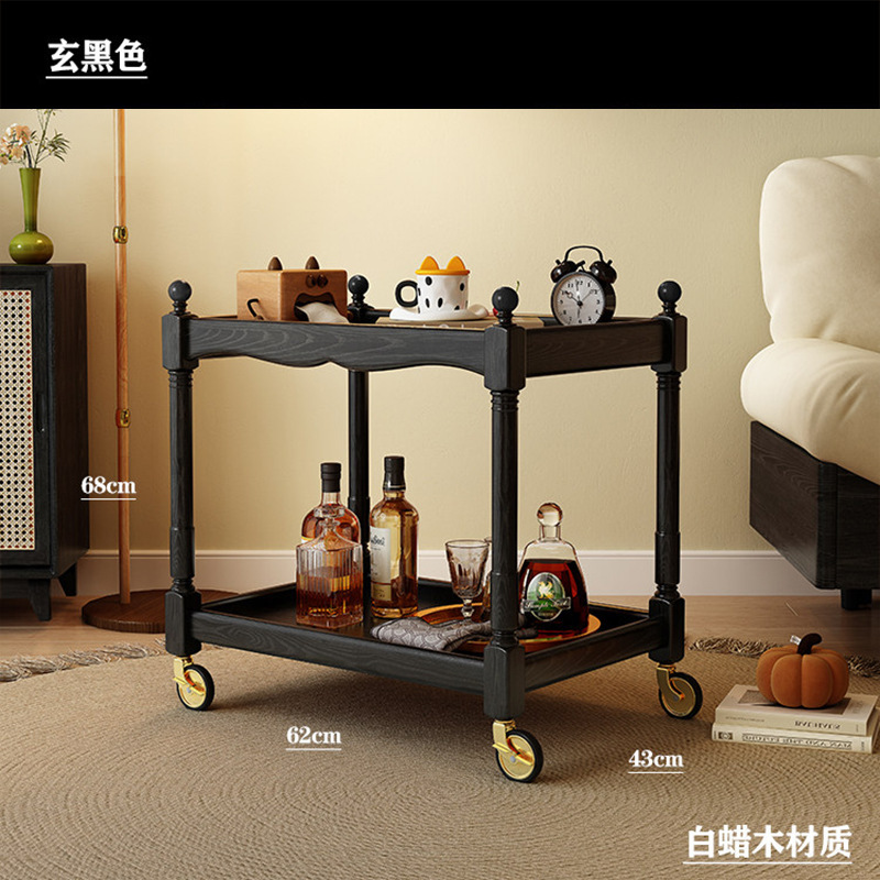 Caminillo móvil mesa de té sala de estar estilo medieval casero mesa de madera sólida doble capa sofá estante lateral mesa lateral