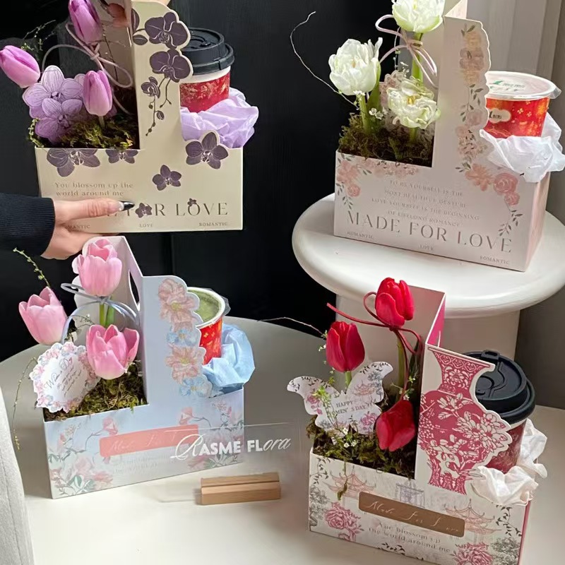 Caja de flores portátil para el Día de la Madre, para café y té con leche, caja de regalo con flores frescas, materiales para arreglos florales DIY, cesta de flores portátil.