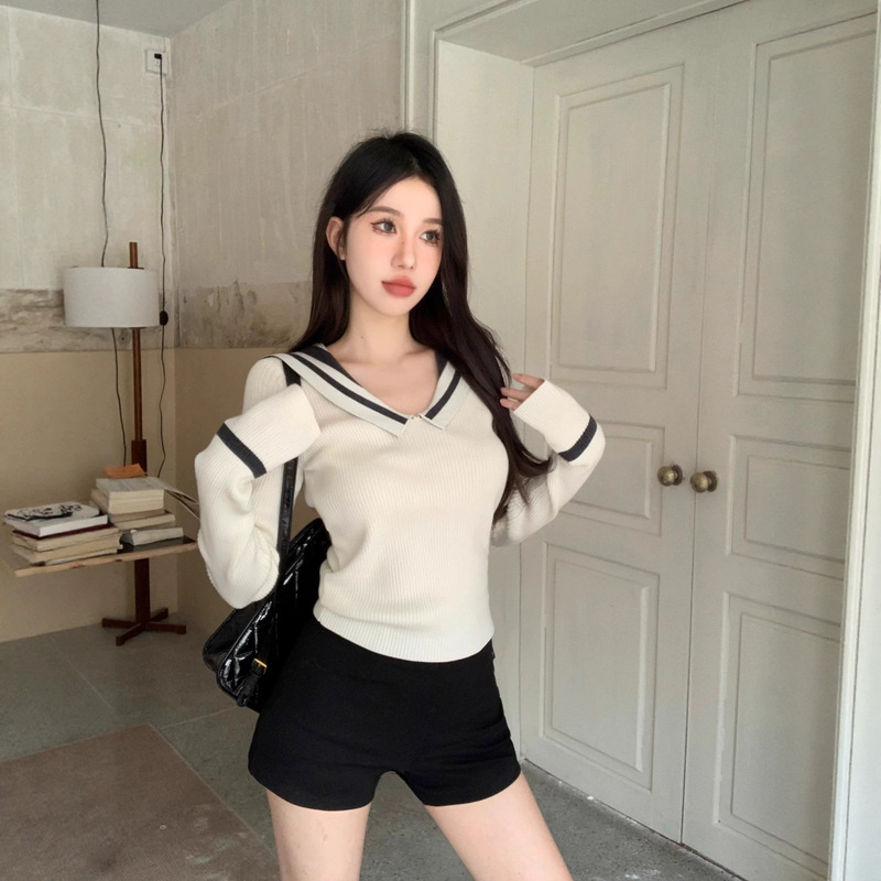 2026 New Autumn Color-Block Navy Collar Long-Sleeve Knit Sweater, College Gentle Style, Sweet Slim-Fit Short Top 2026 New Autumn Color-Block Navy Collar Long-Sleeve Knit Sweater, College Gentle Style, Sweet Slim-Fit Short Top