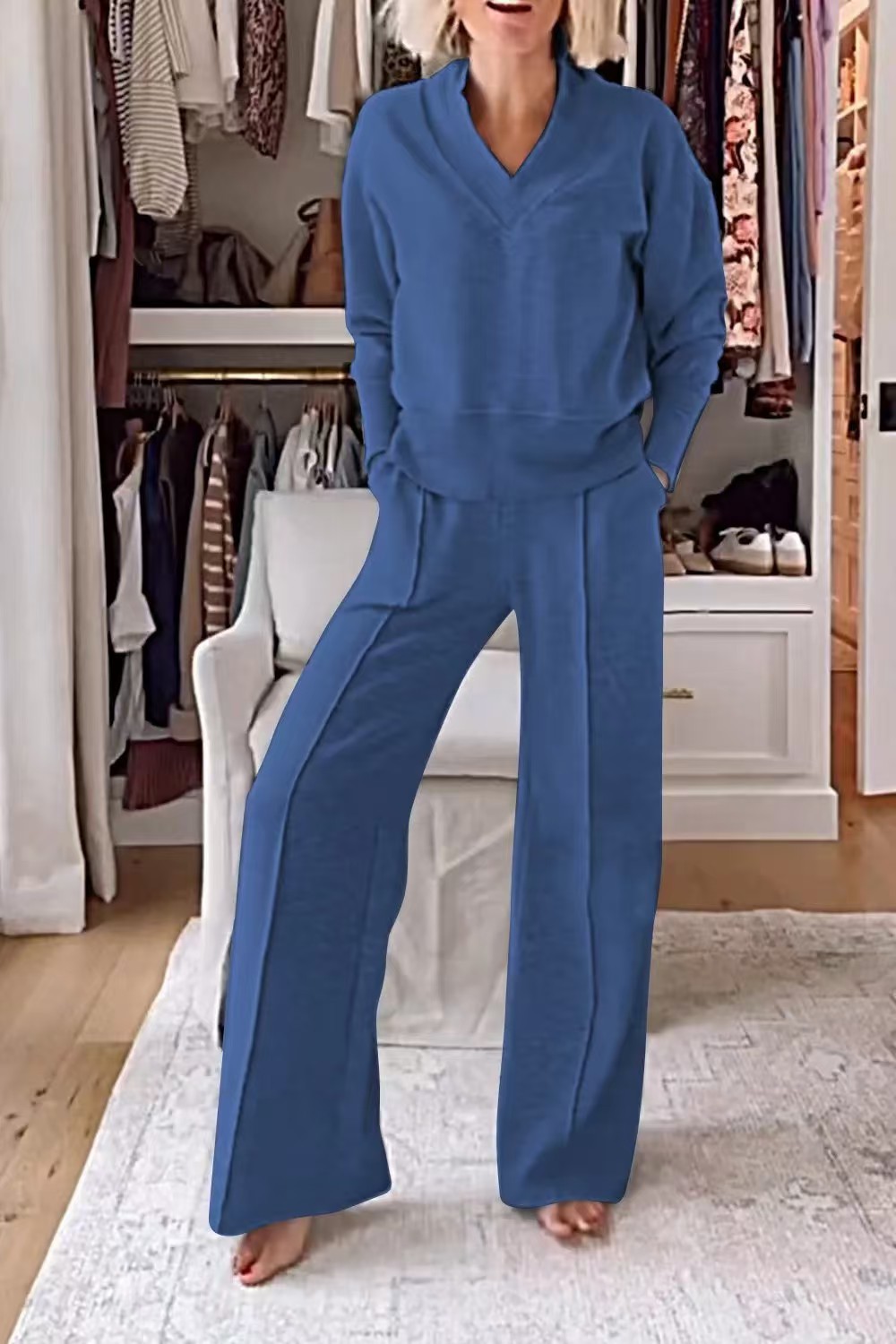 2026 Fall/Winter Cross-Border European And American New V-Neck Long-Sleeve Loose Solid Color Women's Fashion_ecoleips.com