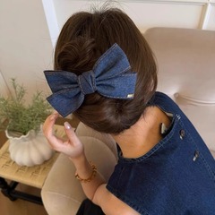 韩系时髦牛仔蝴蝶结发夹简约高级感后脑勺大号鸭嘴夹甜美飘带发卡