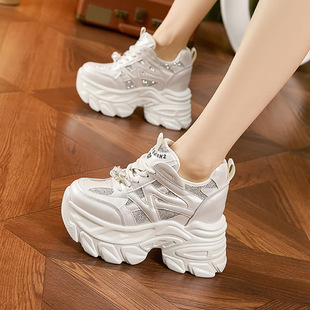 Thick-soled Torre Shoes Women's 2025 Spring New Breathable Rhinestone Height-increasing Women's Shoes All-match Sports Casual Shoes