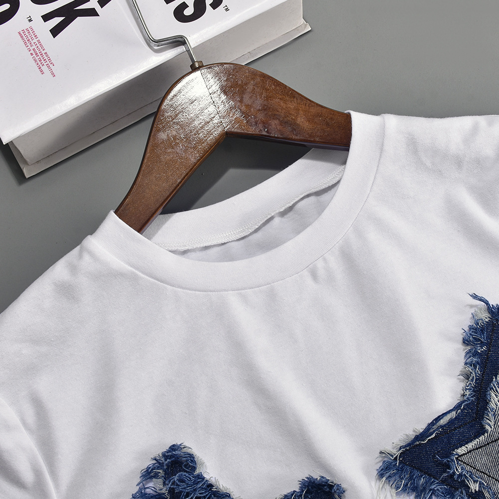 Autumn Summer Stitching Tassel Five Pointed Star Cropped round Neck T shirt for Women