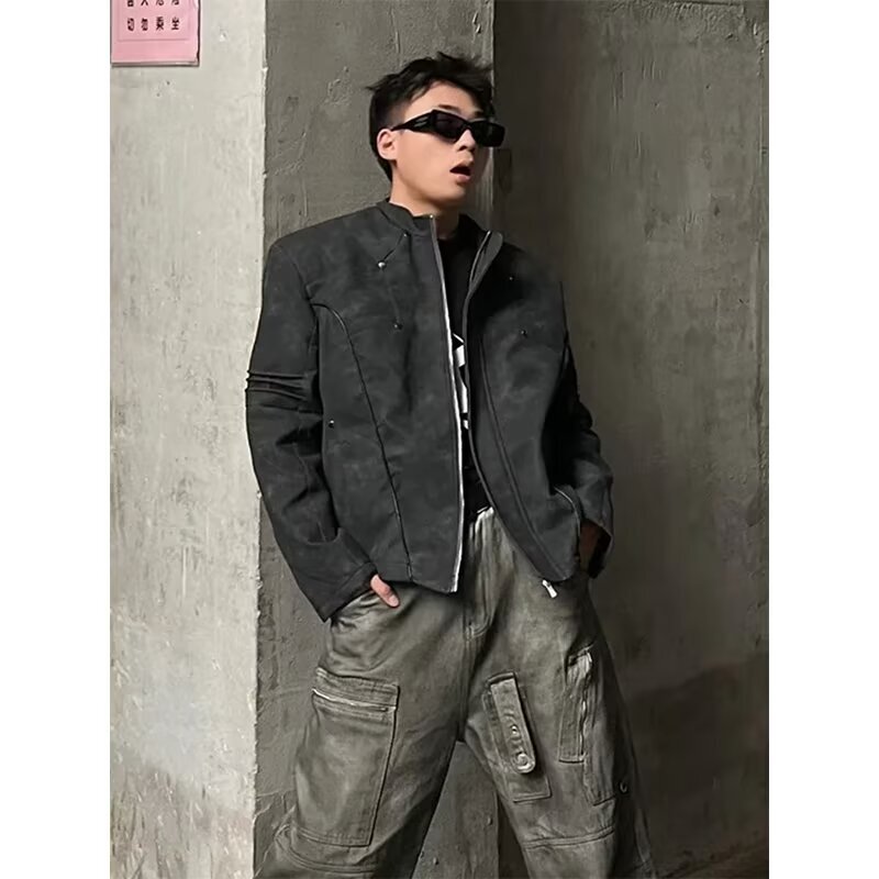 2024 New Men's Short Shoulder Pad Loose Rivet Leather Zipper Punk Leather Jacket Coat