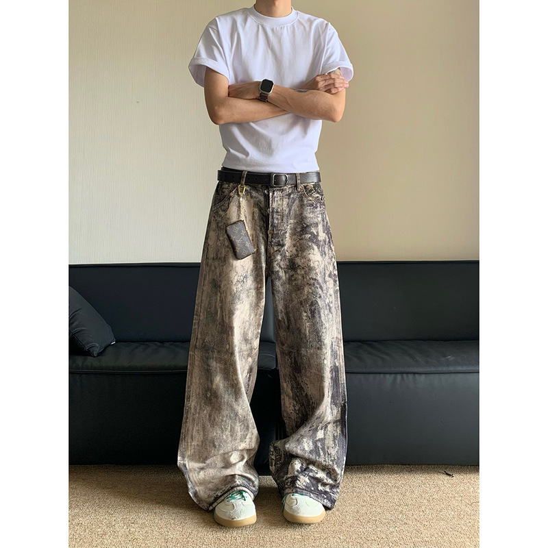 American 3D Digital Camouflage Printed Denim Pants Men's Spring and Summer New Old Low Waist Wide Leg Casual Long Pants