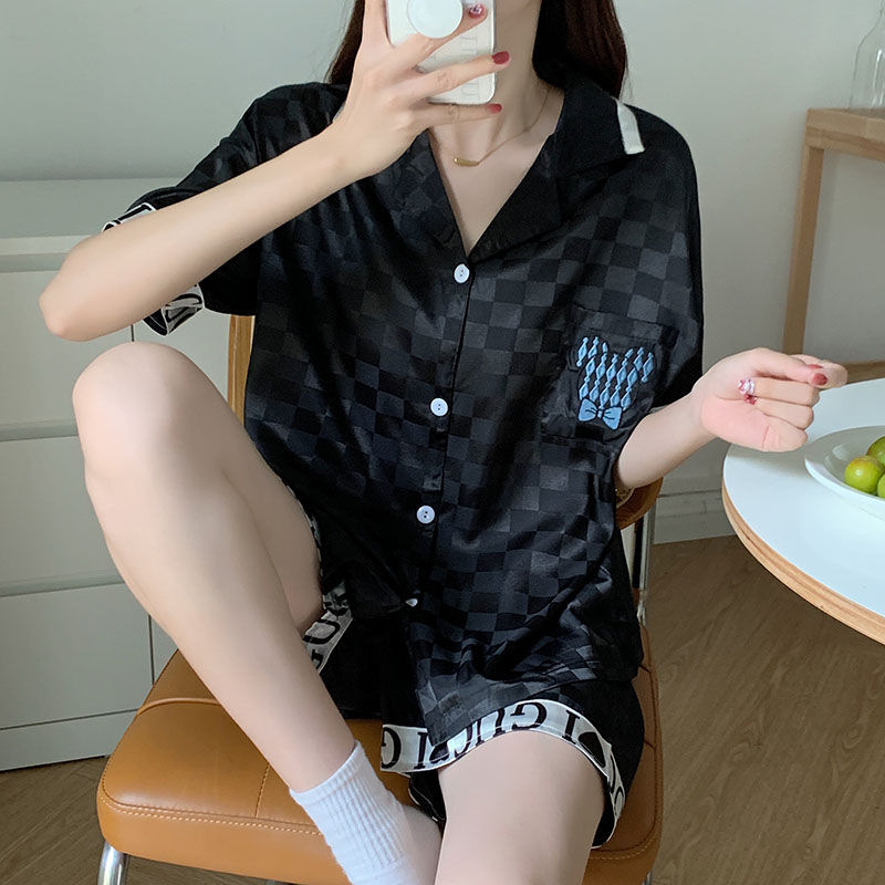 (2개) 아이스 실크 여성 잠옷 여름 얇은 옷깃 카디건 반팔 반바지 한국 스타일 느슨한 겉옷 홈 옷