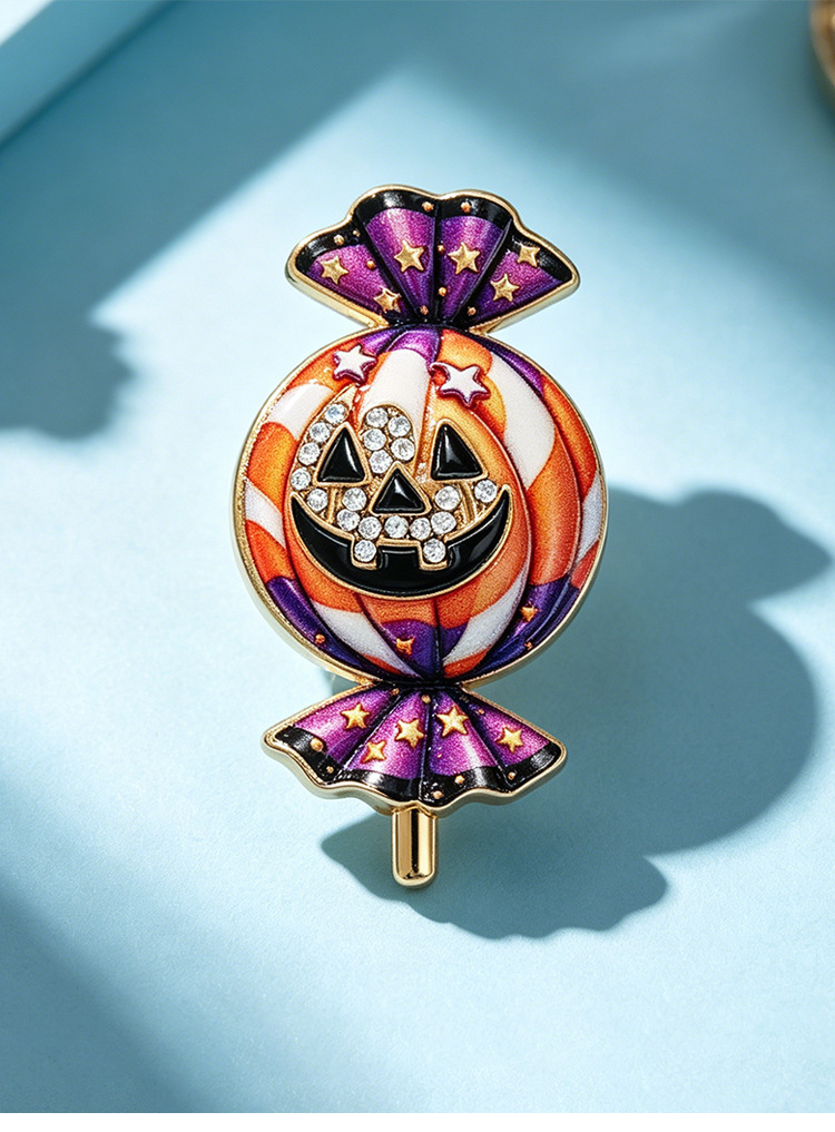 Halloween pumpkin candy brooch, striped candy-shaped, diamond-embellished enamel, eco-friendly alloy, women's suit decoration pin