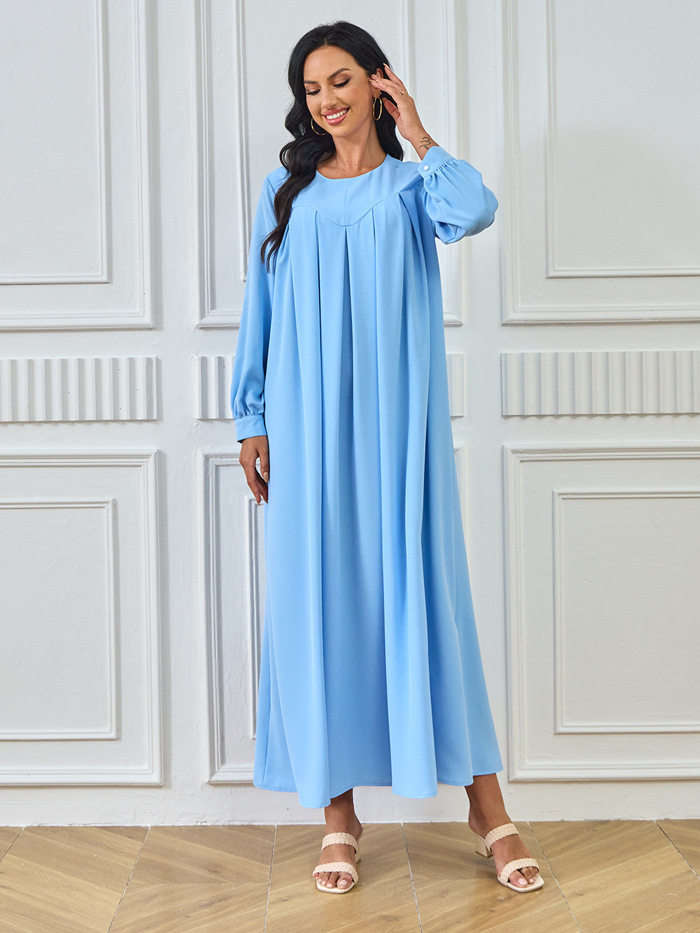 New Abaya Arab Cross-border Middle Eastern Muslim Robe Long-sleeved Solid Color Large Hem Dress Long Skirt Women's_ecoleips.com