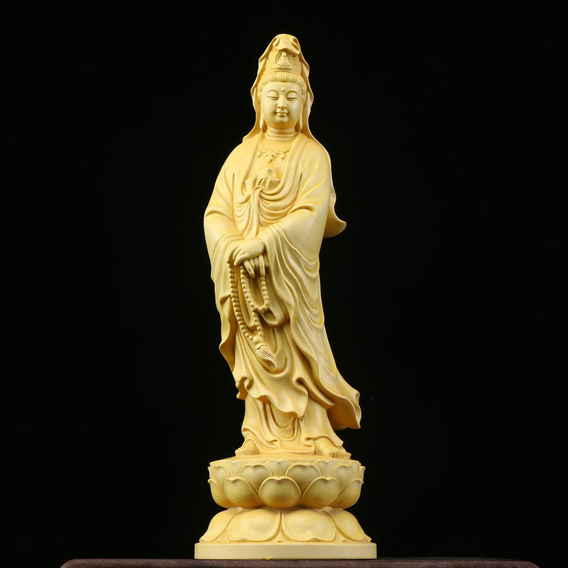 黄楊木彫刻立蓮観音菩薩置物実木崖柏念珠観音仏像供養装飾工芸|undefined