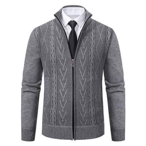 2025 Men's Autumn/Winter Stand Collar Knit Sweater with Embroidery, Outerwear Men's Thick Warm Casual Knit Shirt Trend