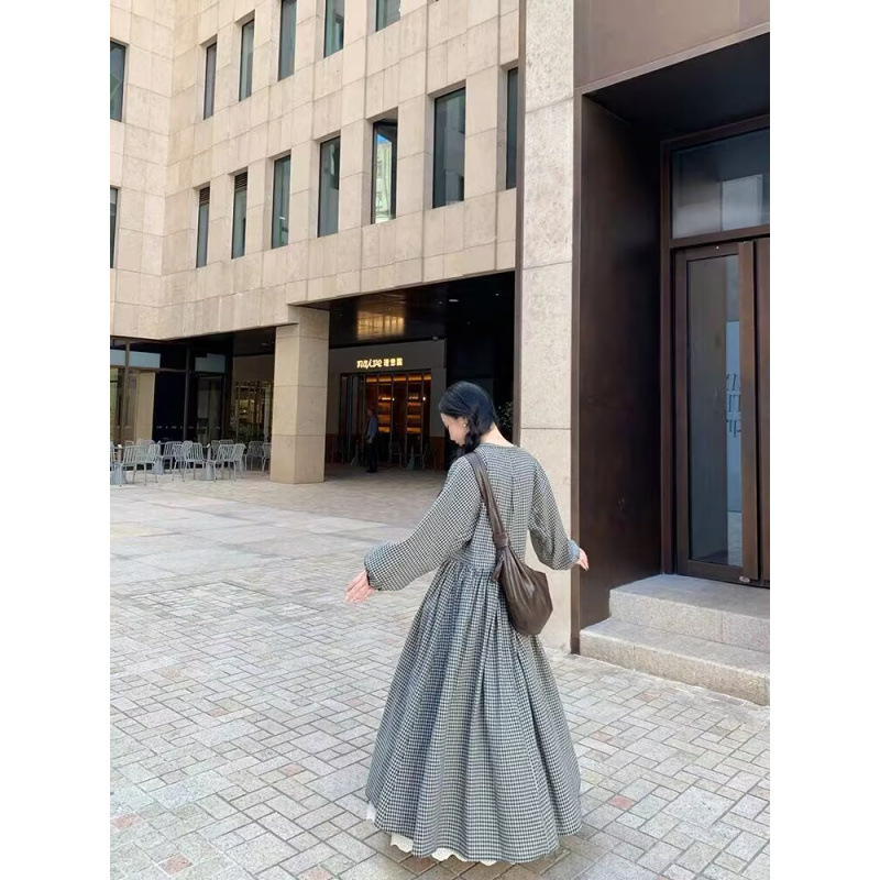亚麻格子裙女禅意早秋新款复古长袖设计感连衣裙禅修|undefined