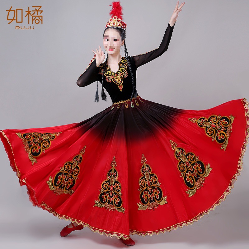 新疆舞蹈演出服新疆维吾尔族服女表演服大摆裙艺考紧身