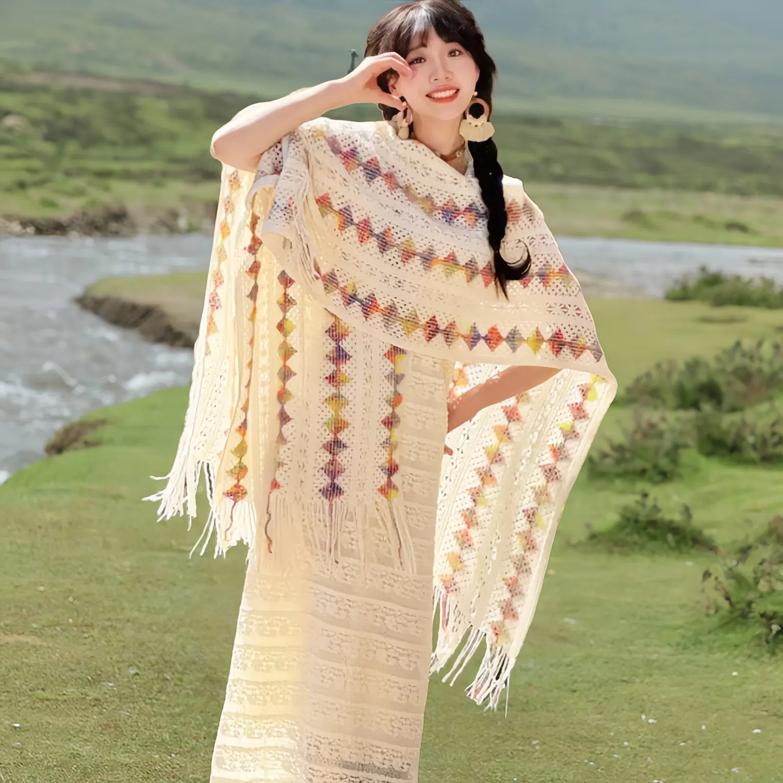 Hot-Selling Bohemian Knitted Shawl Cape for Prairie Travel Photography, Ethnic Style Shawl for Women, Outerwear for Travel