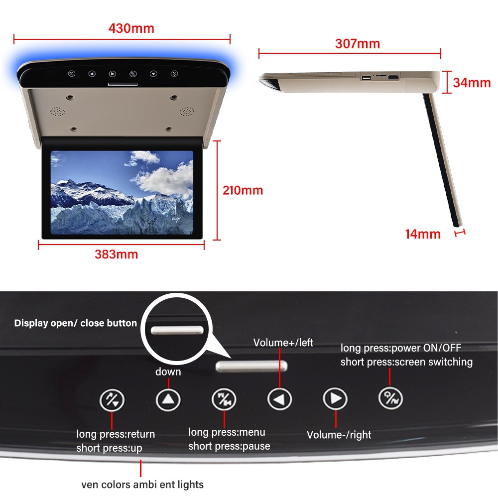 Cross-Border 15.6inch Inch Ceiling-Mounted Tv Ips Mp5 Player with USB and HDMI Input Car Display Monitor Hd