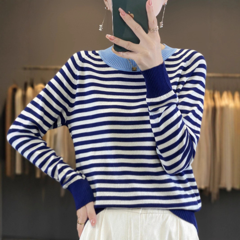 Cross-Border 24 Autumn and Winter New Fine Wool Stripesd Shirt Scandinavian Color Contrast Collar Lazy Stripesd Round Neck French Women