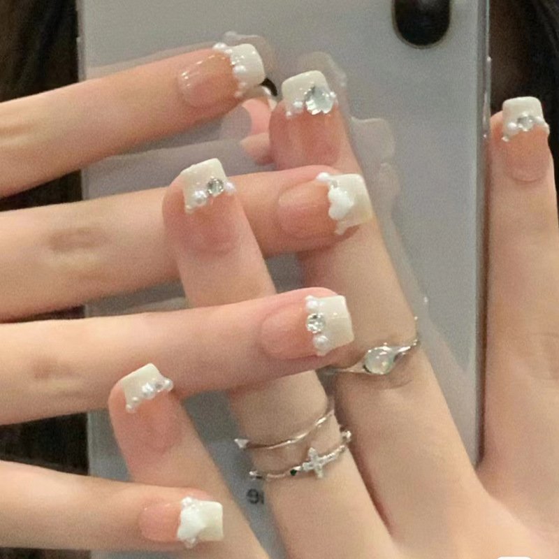 A517-short milky white French love wear nail sticker detachable white super tender fairy nail piece with Diamond