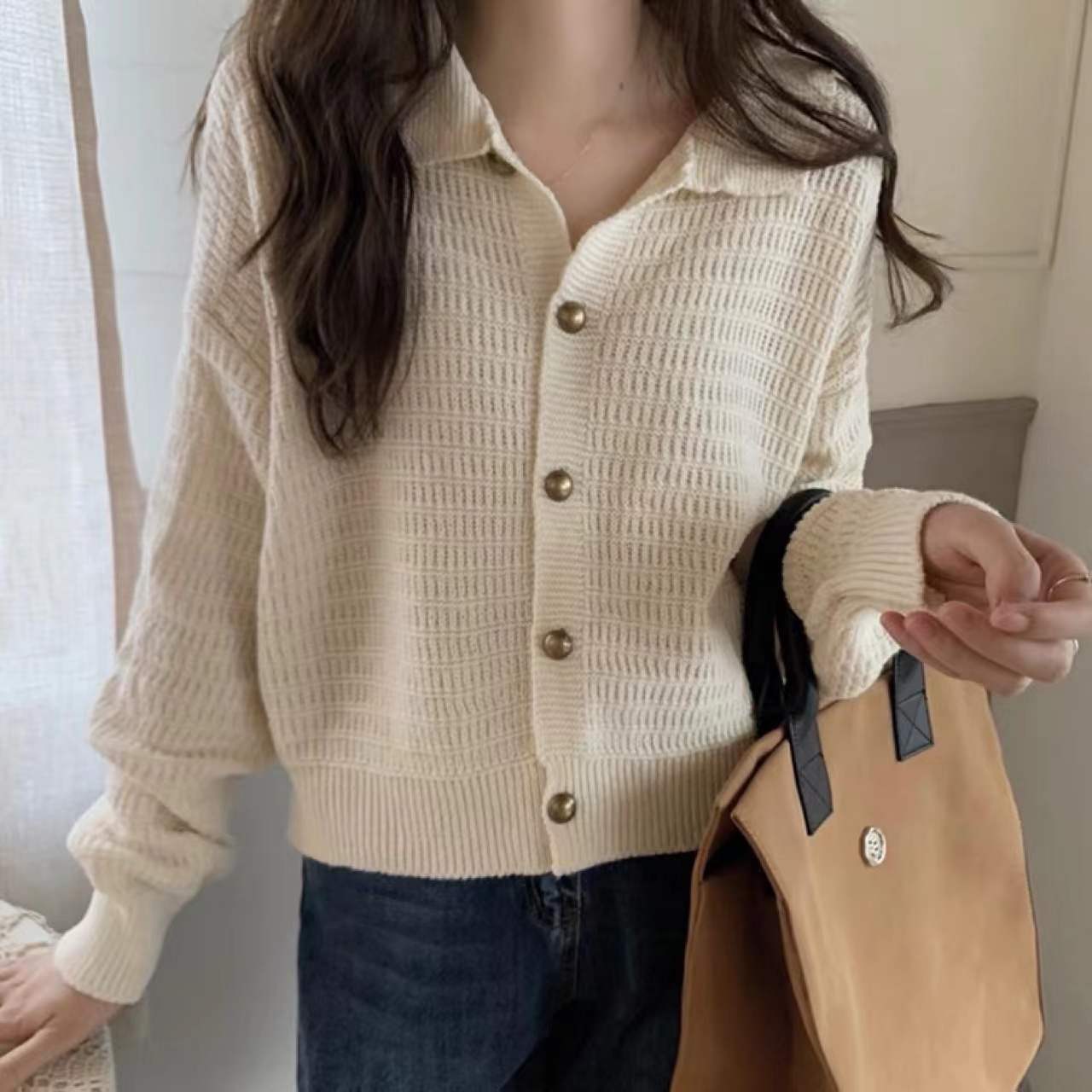 Retro solid sweater, cardigan, Korean style, high collar, oversize
