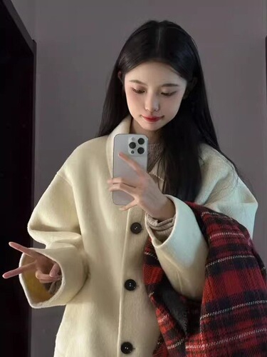 Korean Women's New Autumn and Winter Yellow Placket Double-Faced Woolen Coat Thick Medium-Length Wool Outerwear