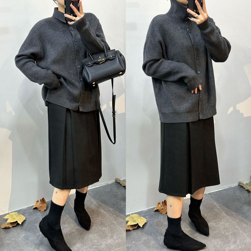 Custom-Made Yuanbao Stitch Loose Simple Sweater for Women, Solid Color Knit Cardigan, Versatile for Everyday Wear, Autumn and Winter, Artistic New Style
