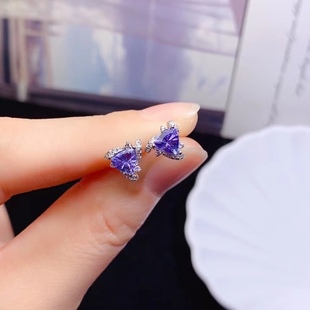 New 925 Silver Set Natural Tanzanite Earrings Jewelry Simple Triangle Japanese and Korean Ear Jewelry Main Stone Corner 5