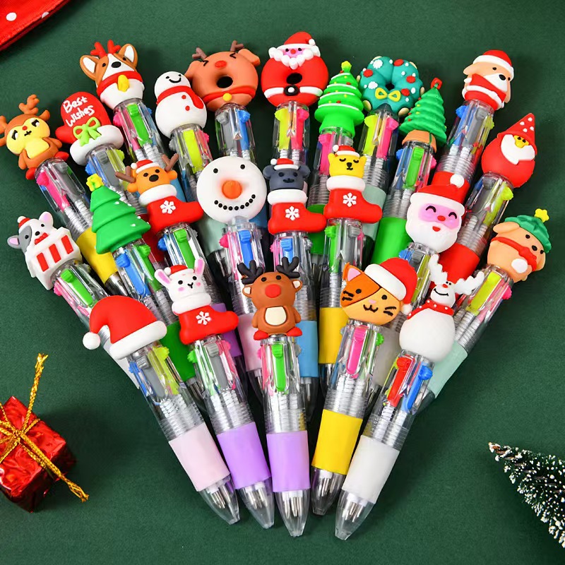 Cross-Border Christmas Creative Cute Cartoon Four-Color Mini Ballpoint Pen Oil Pen Student Stationery Gift Prizes Wholesale