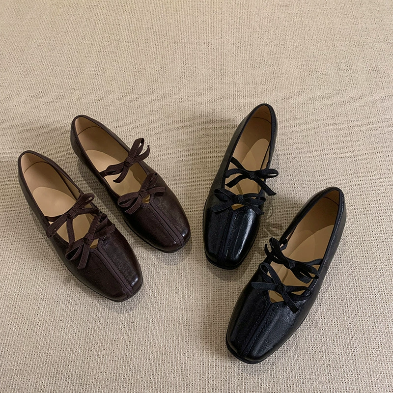 Ручная мягкая кожа с квадратной головой ретро бантик Мэри Джейн обувь женщина с мелким ртом