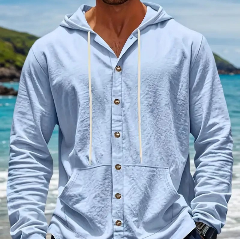 2025 Cross-Border Amazon Spring and Autumn American-Style Loose Men's Linen Casual Simple Beach Hooded Long-Sleeved Shirt for Men