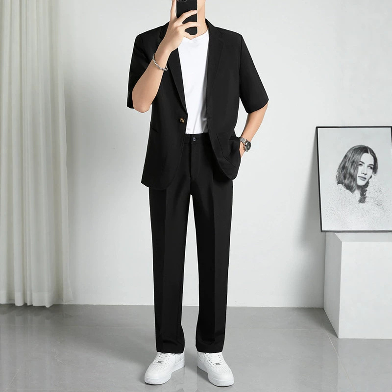 Summer Ins Business Casual Suit Set for Men, Three-Quarter Sleeve Blazer, Loose Hong Kong Style Single-Breasted Jacket