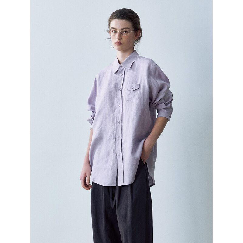 [Collektion] New autumn style simple and neat linen shirt with small pockets, loose fit and slightly wrinkled texture C6444