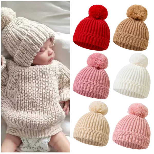 Baby hat autumn and winter baby wool cap big fur ball 0-1 year old trendy male and female baby winter knitted hat 2024