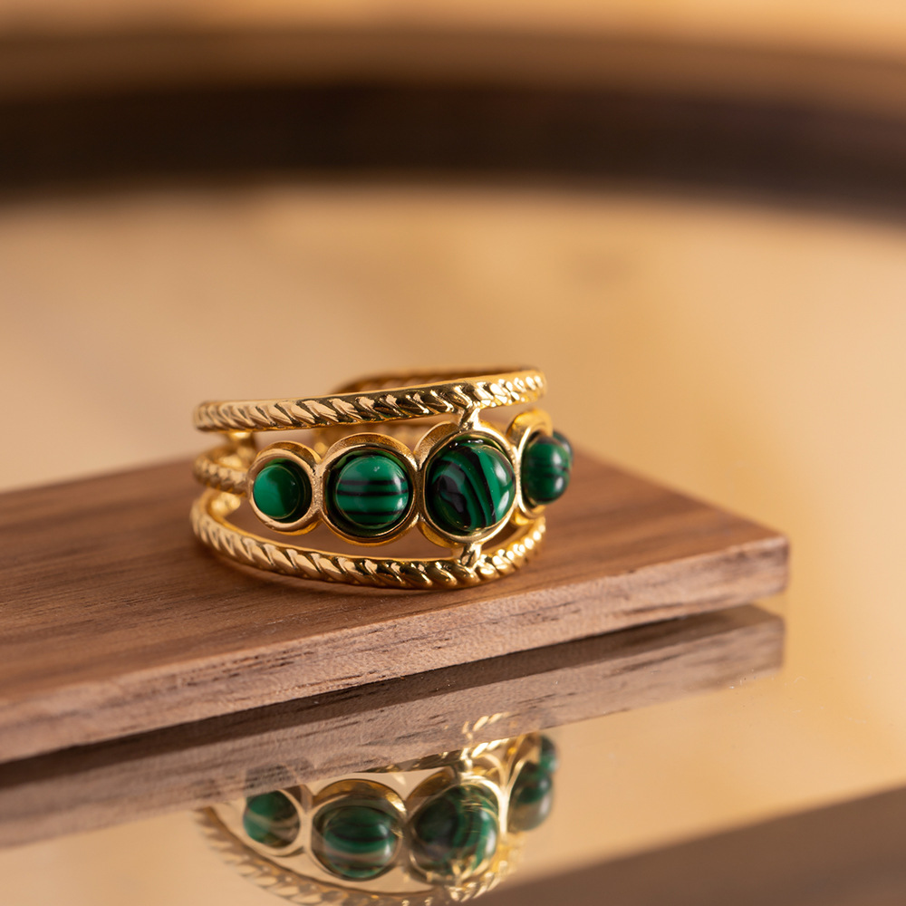 Retro Round Stainless Steel Plating Hollow Out Inlay Malachite Open Ring 1 Piece