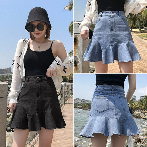 Falbala denim skirts short skirt female new fishtail skirt ofHigh Waist Pleated Skirts  jean skirts in summer