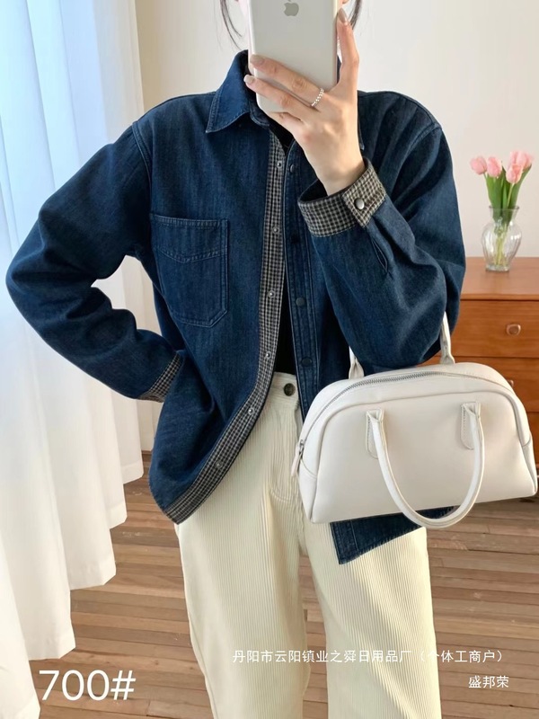 厂家直销格子拼接水洗牛仔衬衫外套女加绒加厚秋冬一体绒复古|undefined