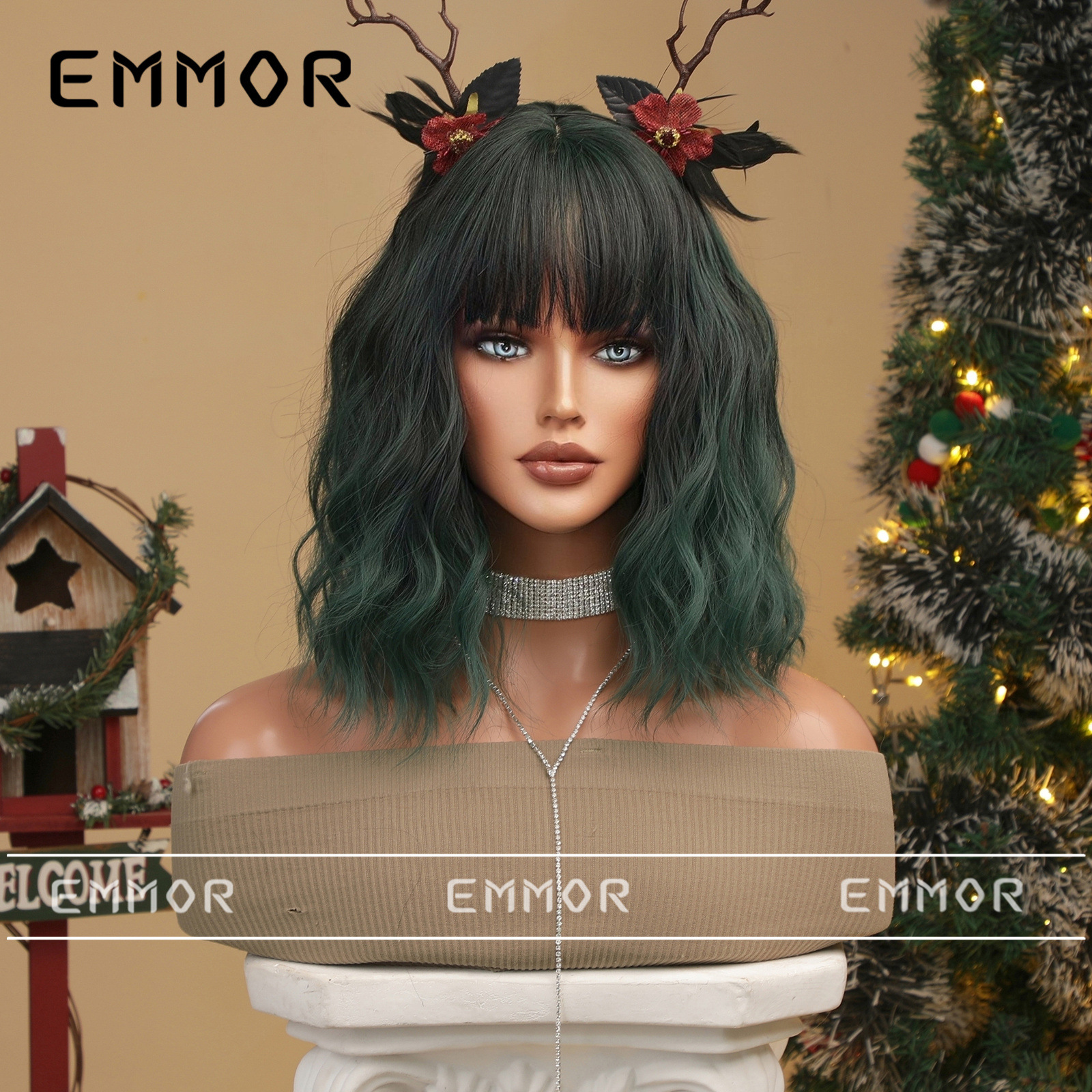 Navidad Halloween Cosplay Color Falso Qi flequillo pelo corto pelo rizado peluca bobo pelo completo